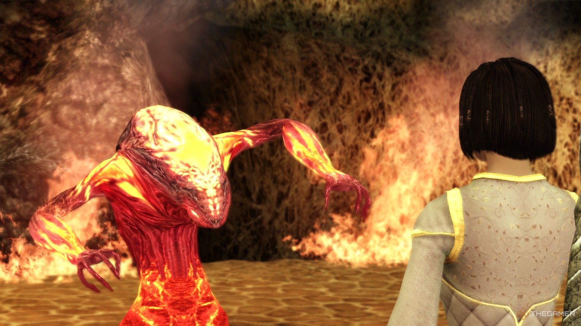 A mage facing a lava demon in the Fade in Dragon Age Origins.