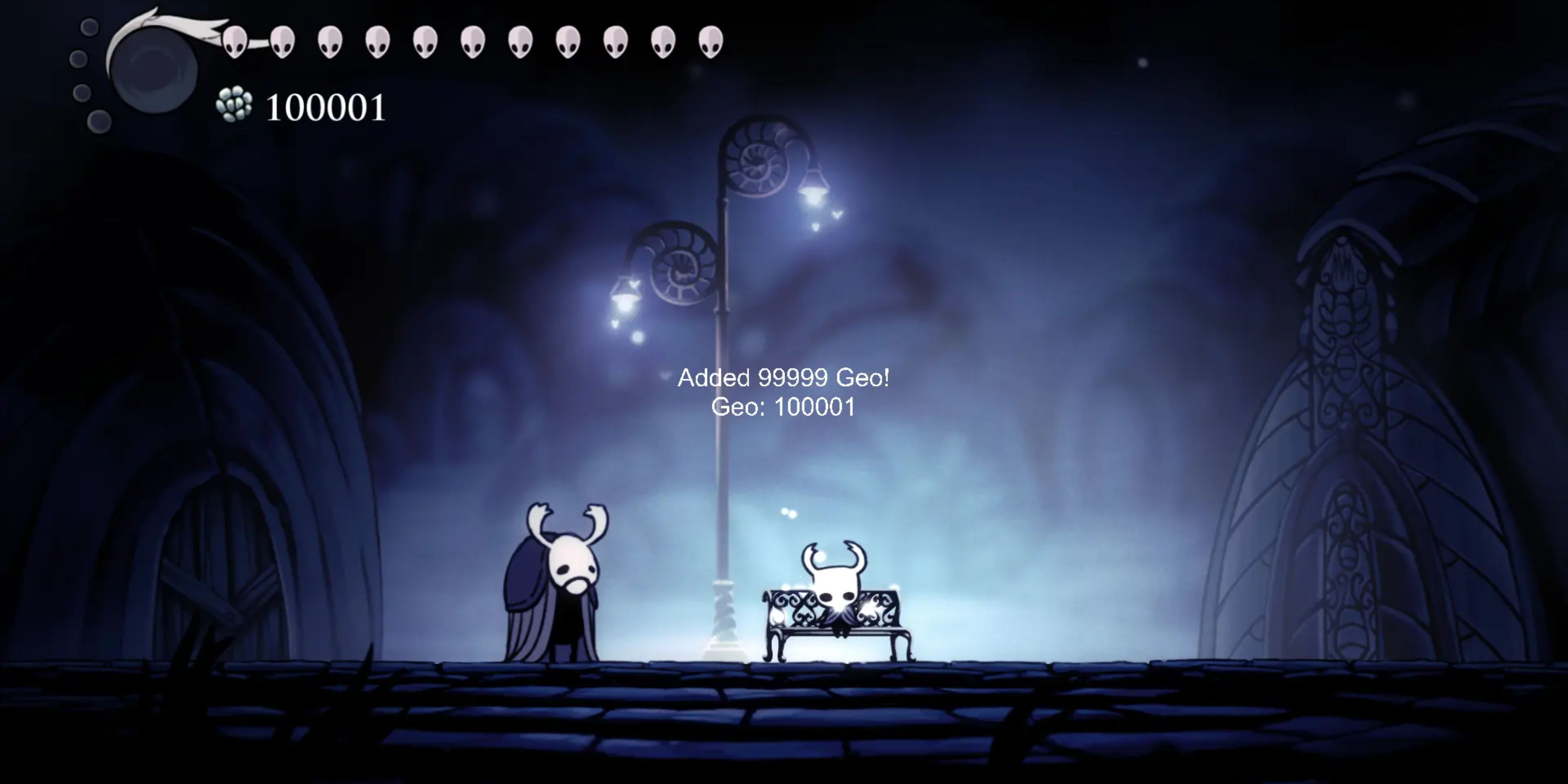 The Knight receives additional Geo using the Command Console mod in Hollow Knight.