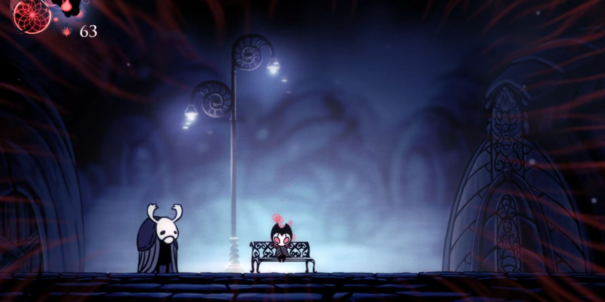 Hollow Knight's Knight as Little Grimm with one mask of health, is sitting on a bench in Dirtmouth.