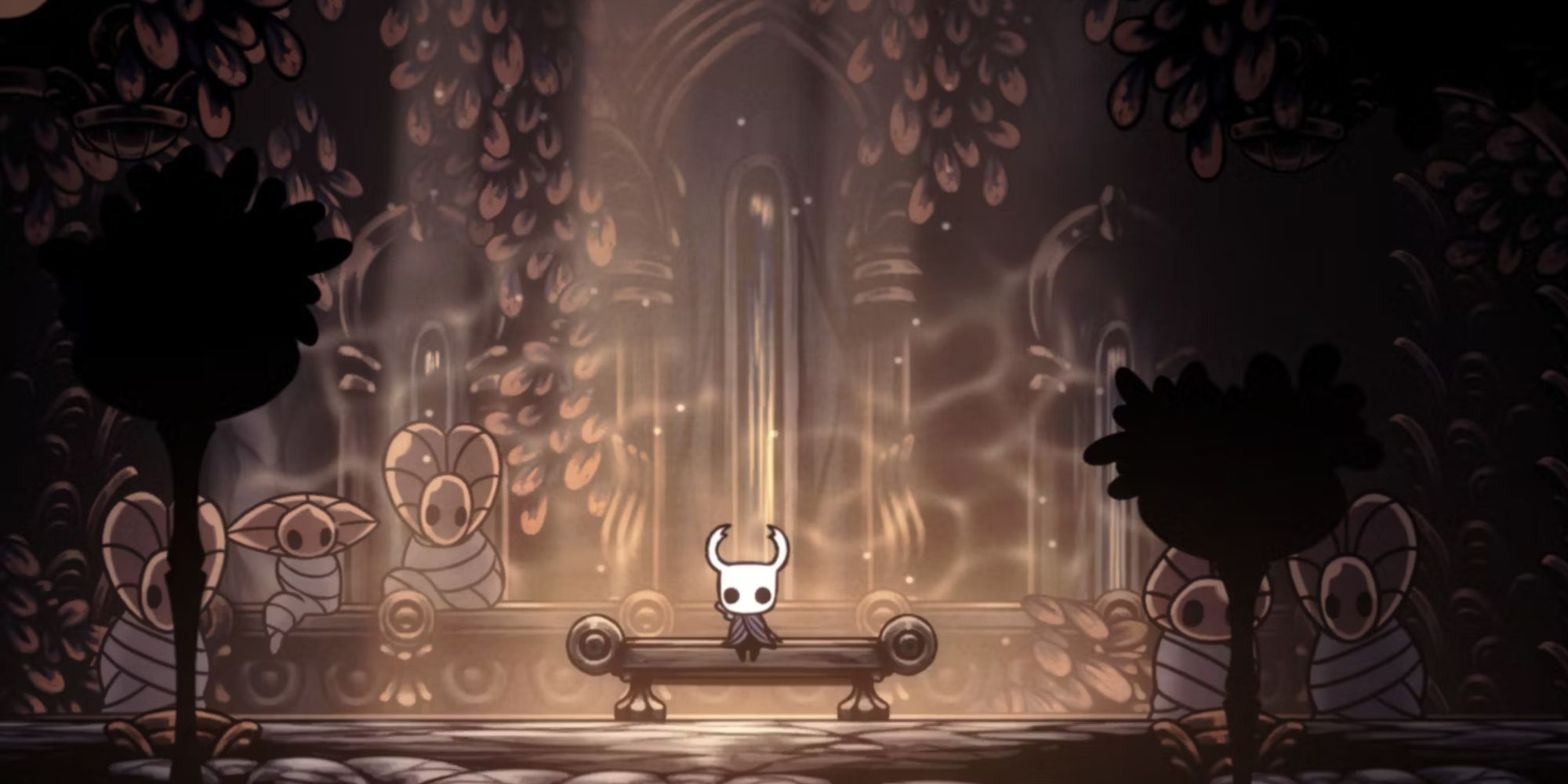 The Knight is sitting on a bench in Godhome in the Godseeker+ Mod.