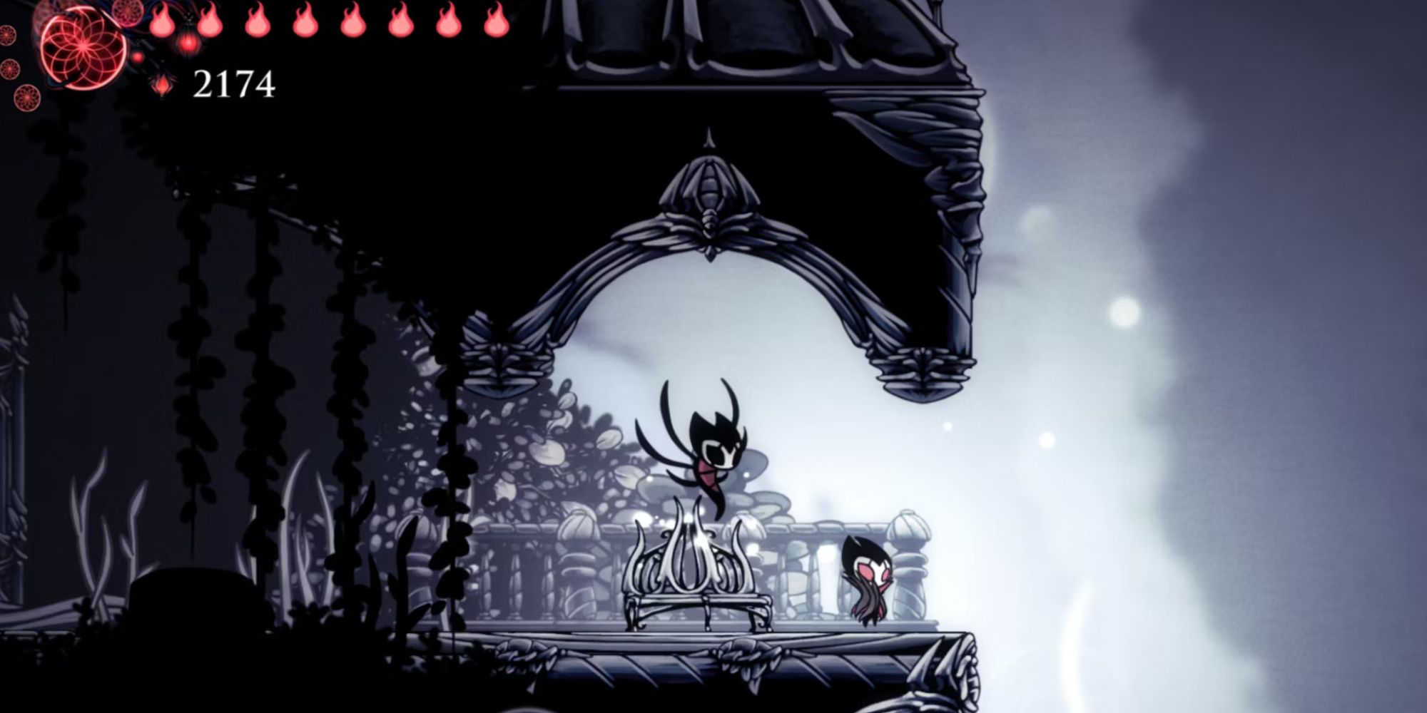 The Knight as Little Grimm with Grimmchild, standing in the White Palace in Hollow Knight.