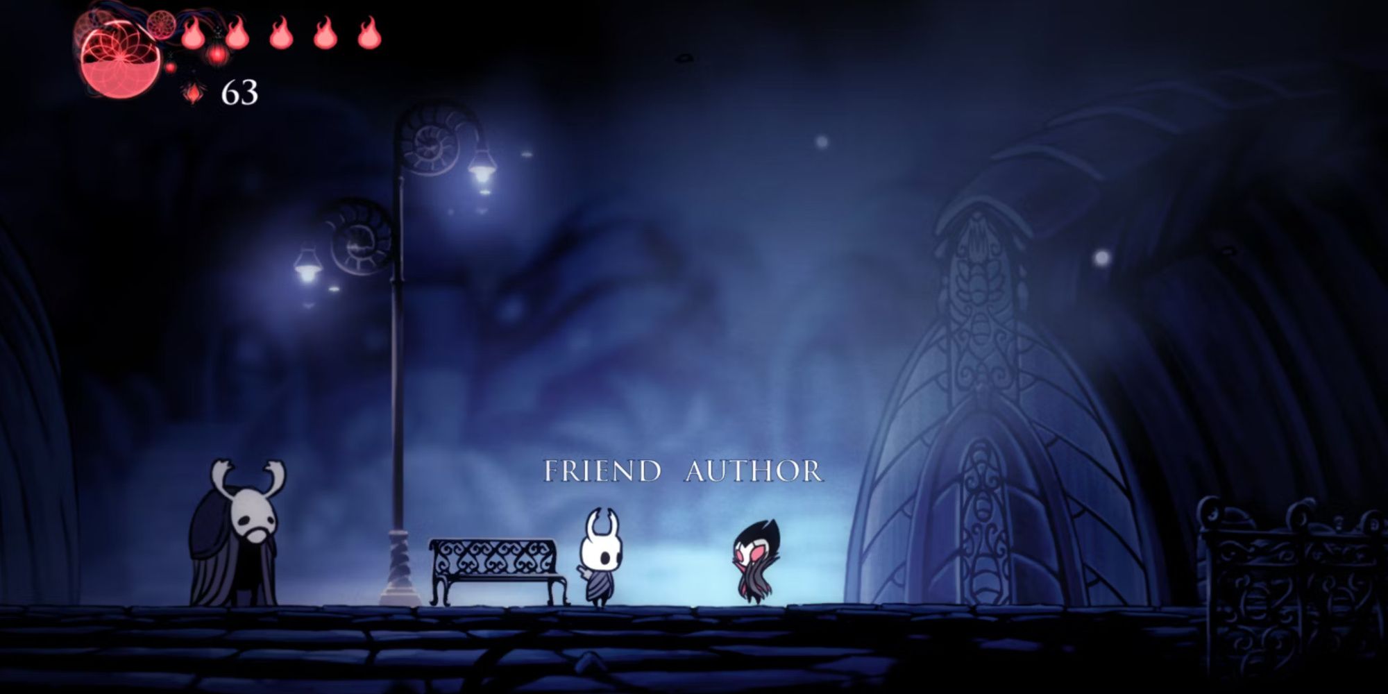 The Hollow Knight Multiplayer Mod shows Little Grimm and the Knight standing in Dirtmouth.