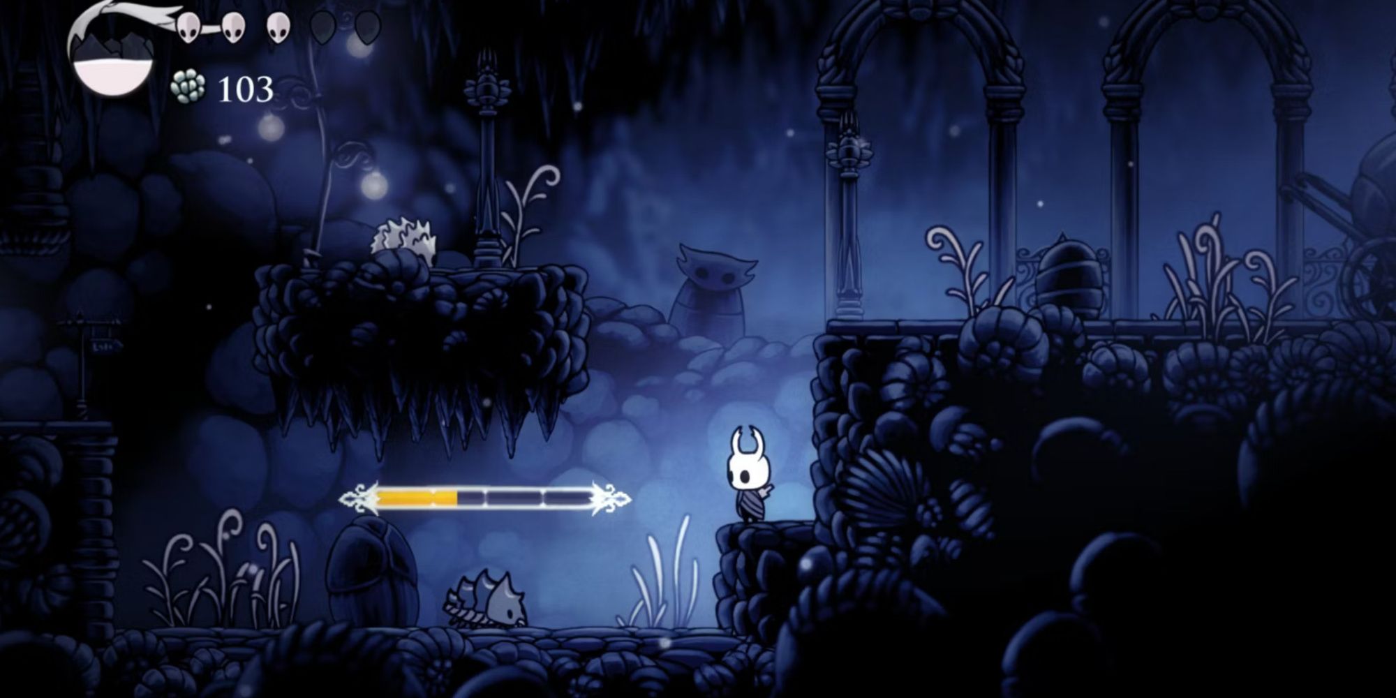 The Knight is looking at a crawlid with a health bar in the Git Gud Patch Mod for Hollow Knight.