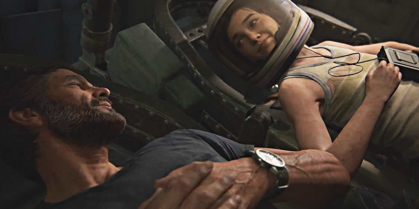 JOEL AND ELLIE lie next to each other while she wears a helmet in the last of us Cropped (1)