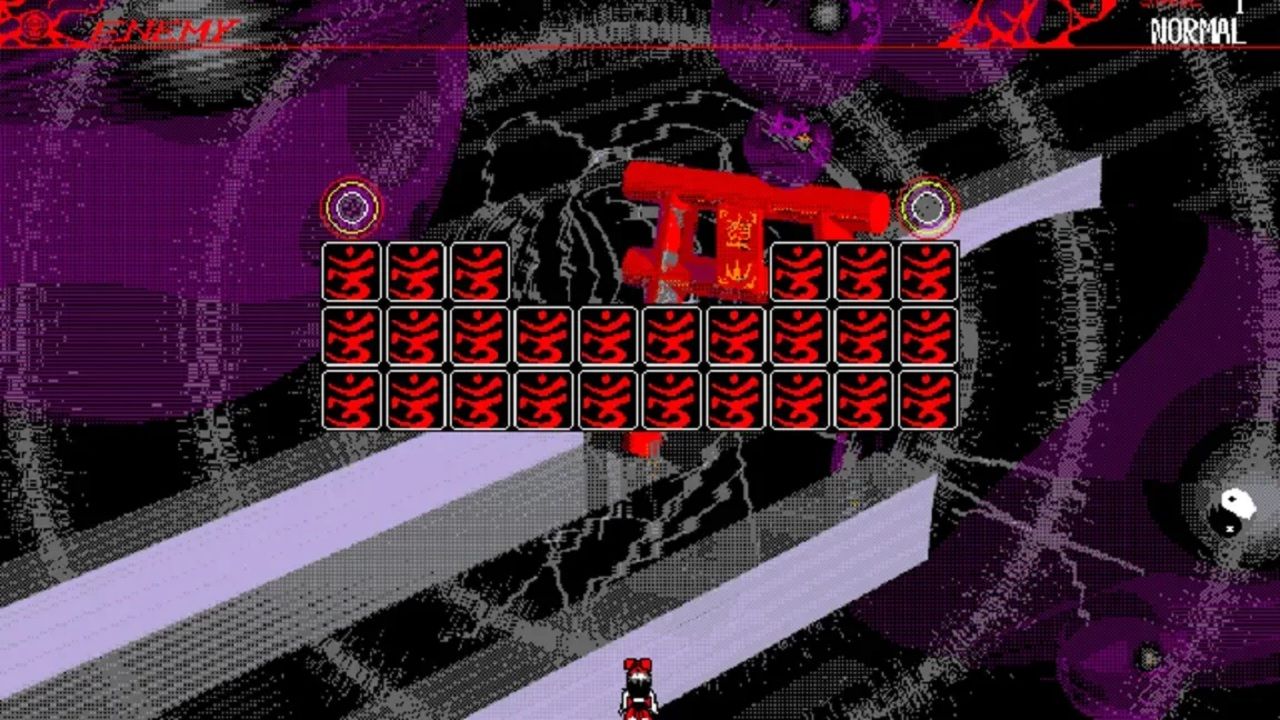 Gameplay screenshot of Touhou 1, showing Reimu at the bottom of the screen and Breakout-style gameplay.