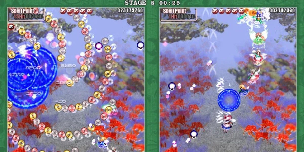 Gameplay screenshot of Touhou 9 depicting bullet hell gameplay.