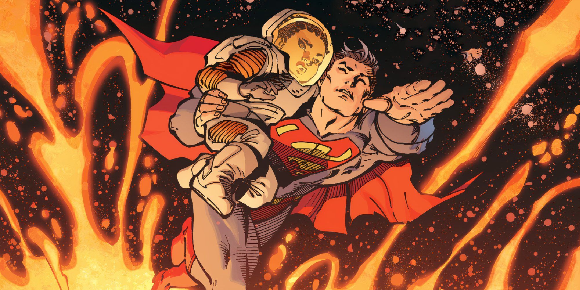 Superman carrying young Alice through space in Superman: Up In The Sky