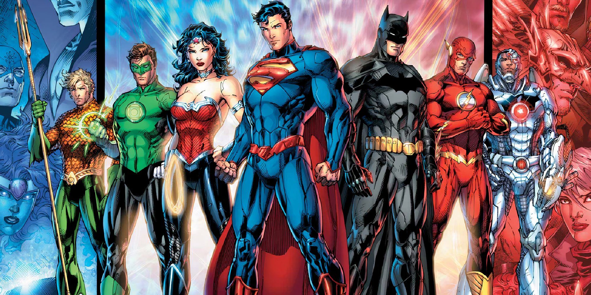 Superman, Batman, Wonder Woman, The Flash, Aquaman, Cyborg, and Green Lantern in Justice League #1