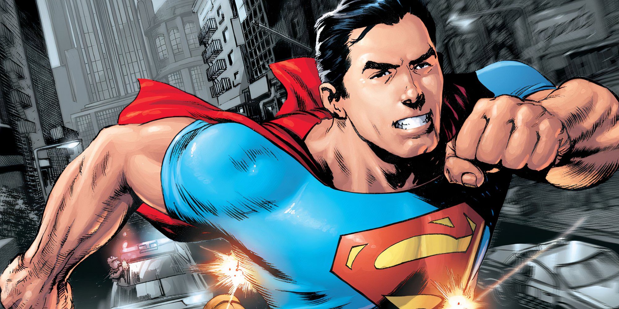 Superman running through Metropolis in Superman: Action Comics