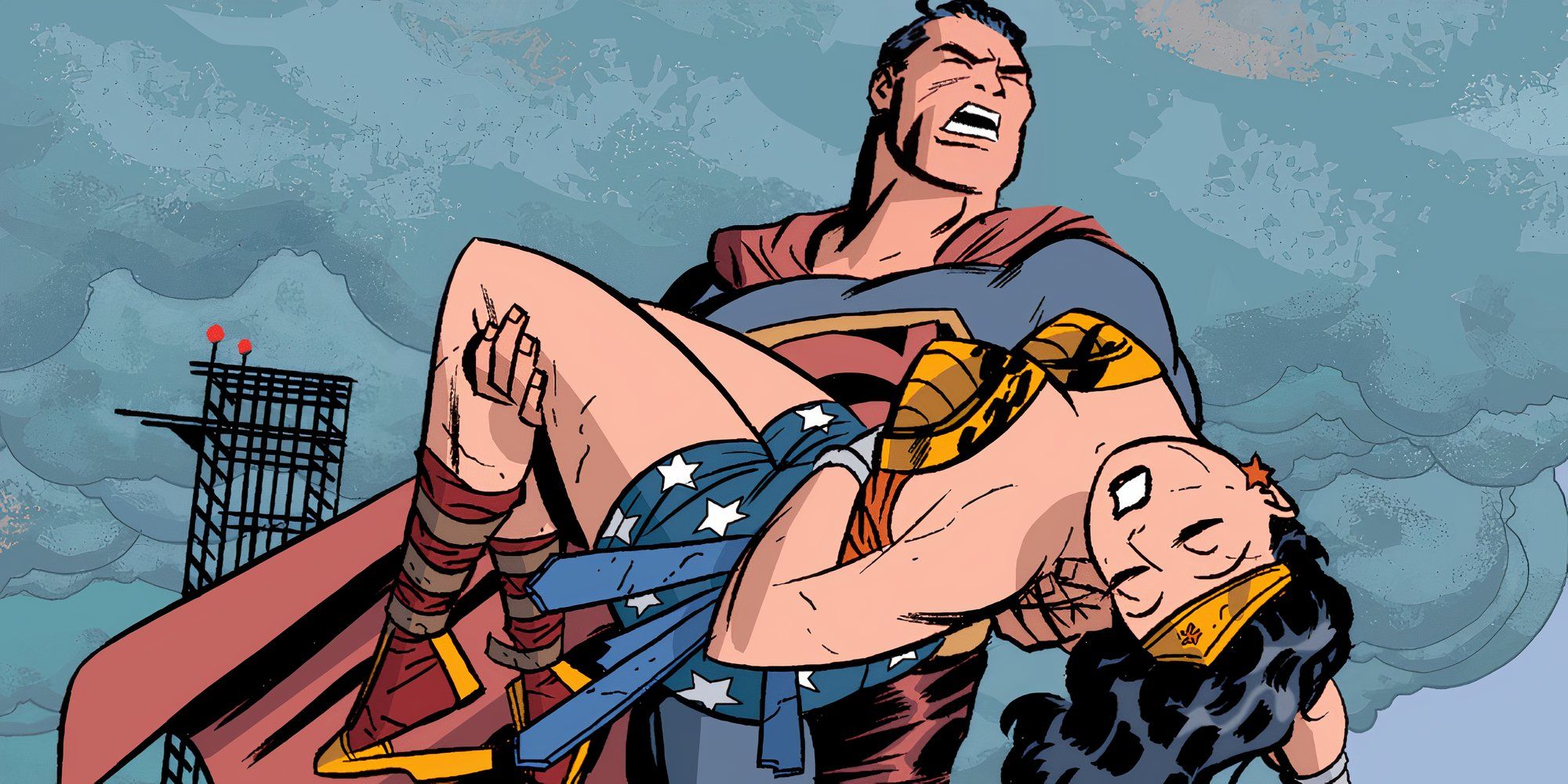 Superman carrying a wounded Wonder Woman in DC's The New Frontier