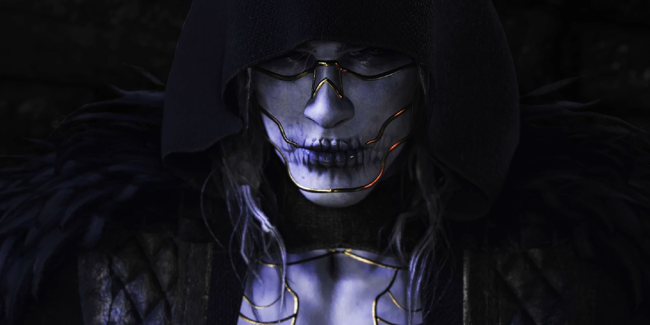 Baldur's Gate 3 screenshot of a reimagined Withers mod in which he is a young-looking goth boy with a hood up, pale skin, and a skeletal mouth.