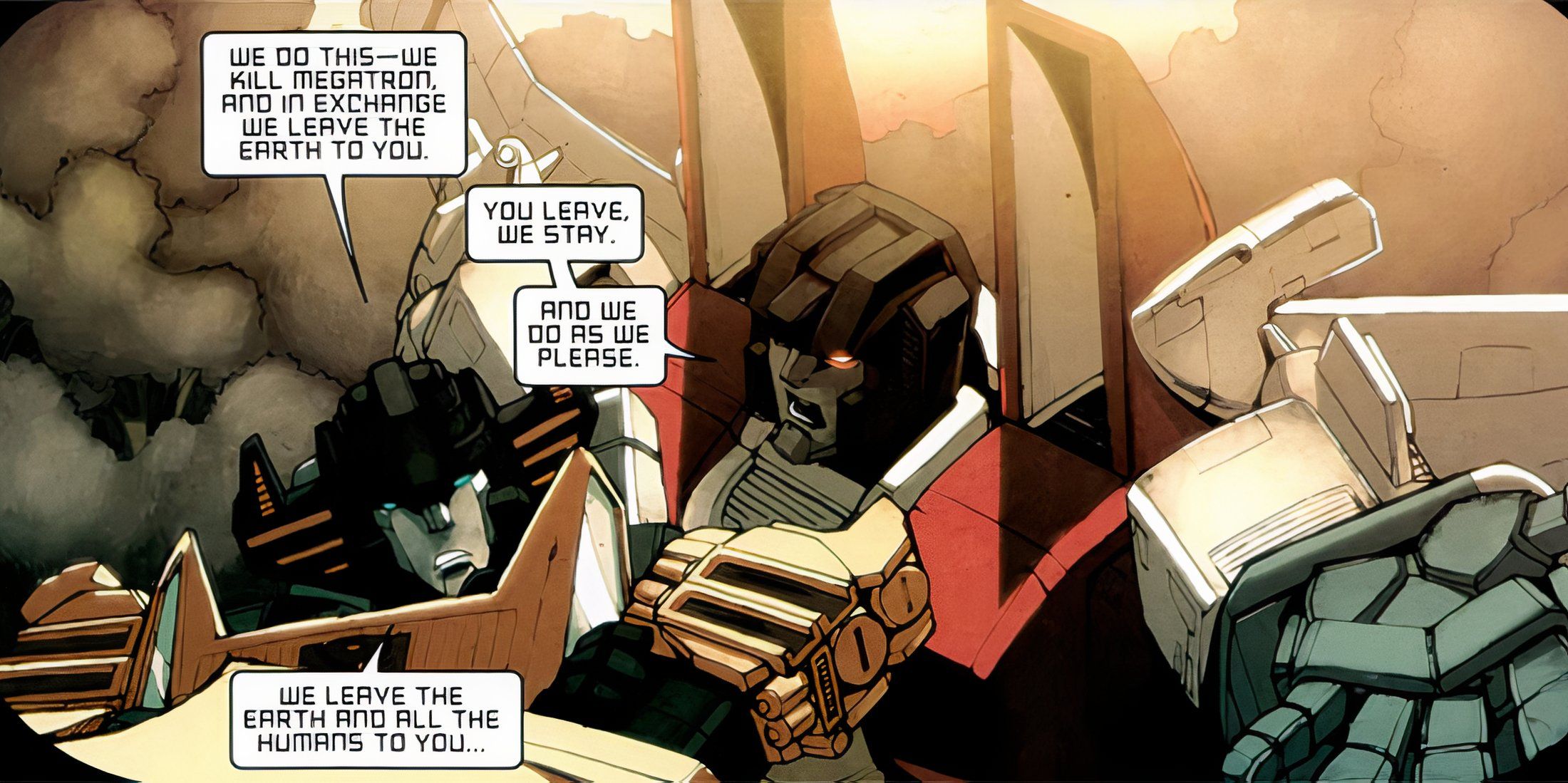 Starscream in conversation with Sunstreaker in The Transformers: All Hail Megatron, Issue 8