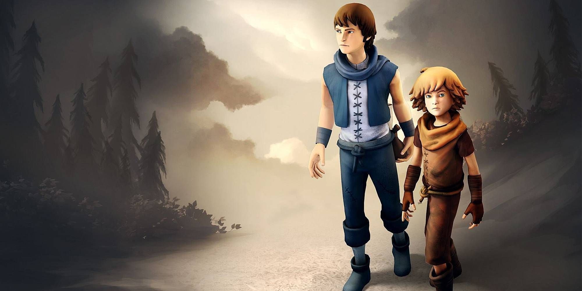 Two young men walk in a dark forest environment in Brothers A Tale Of Two Sons.