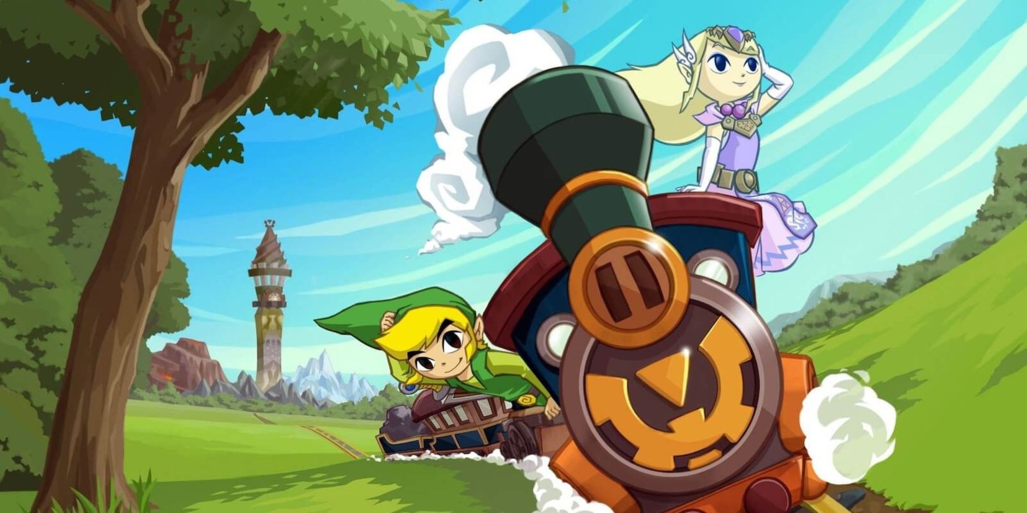 Link and Zelda ride a train through a field in The Legend of Zelda: Spirit Tracks.