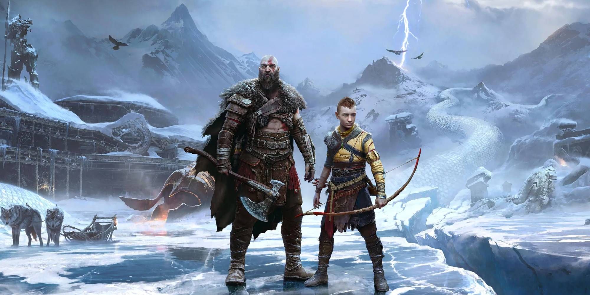 Kratos and Atreus standing in an icy landscape in God Of War Ragnarok.