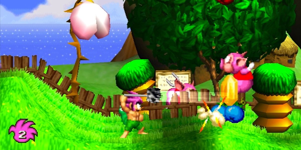 Tomba attacking a pig enemy