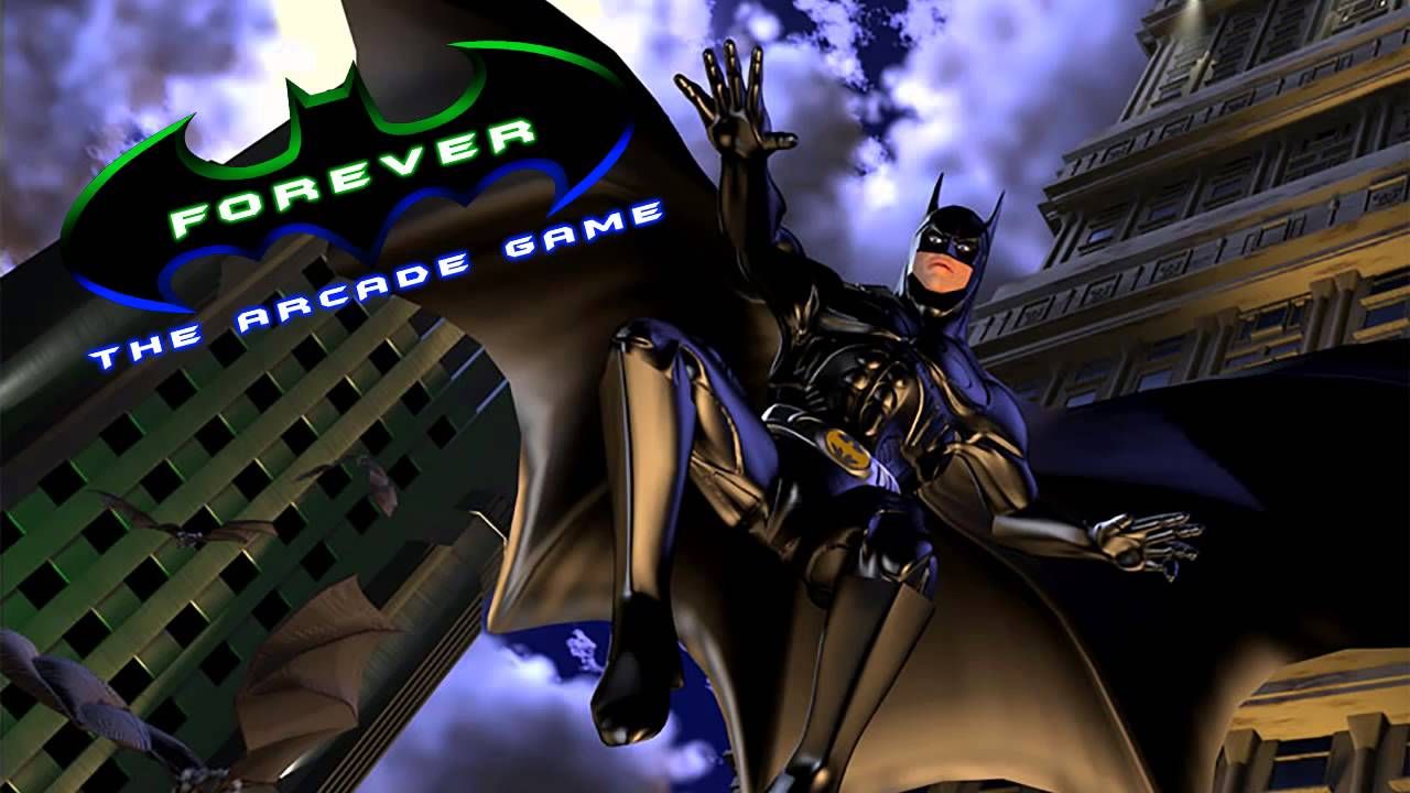 Batman, his eyes wide, on the cover of Batman Forever: The Arcade Game