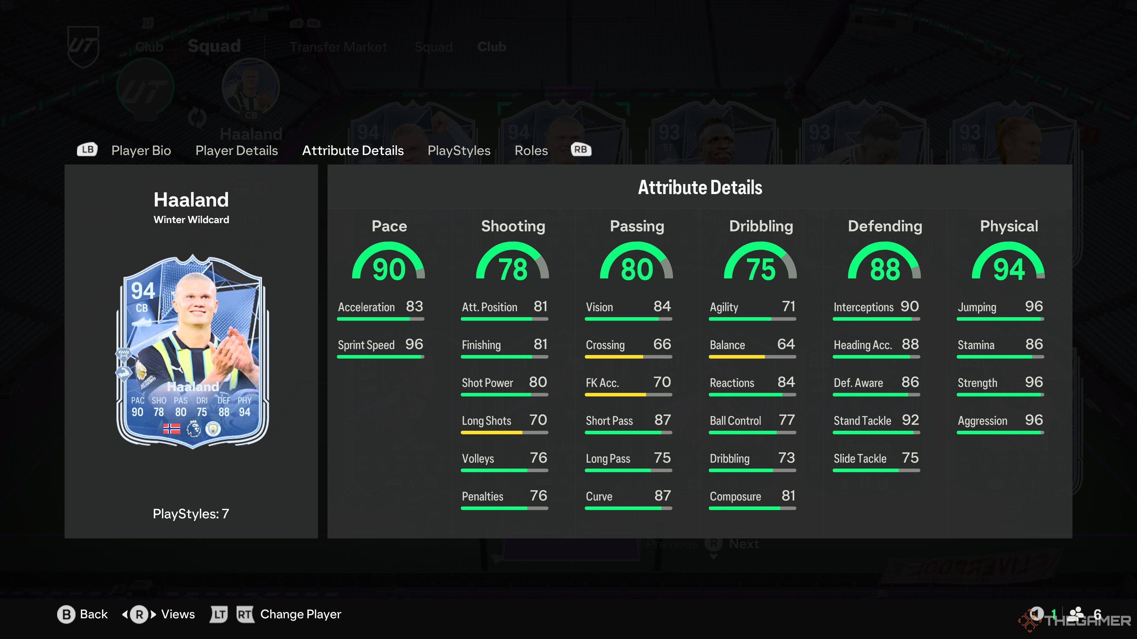 Erling Haaland's card attributes in EA Sports FC 25.