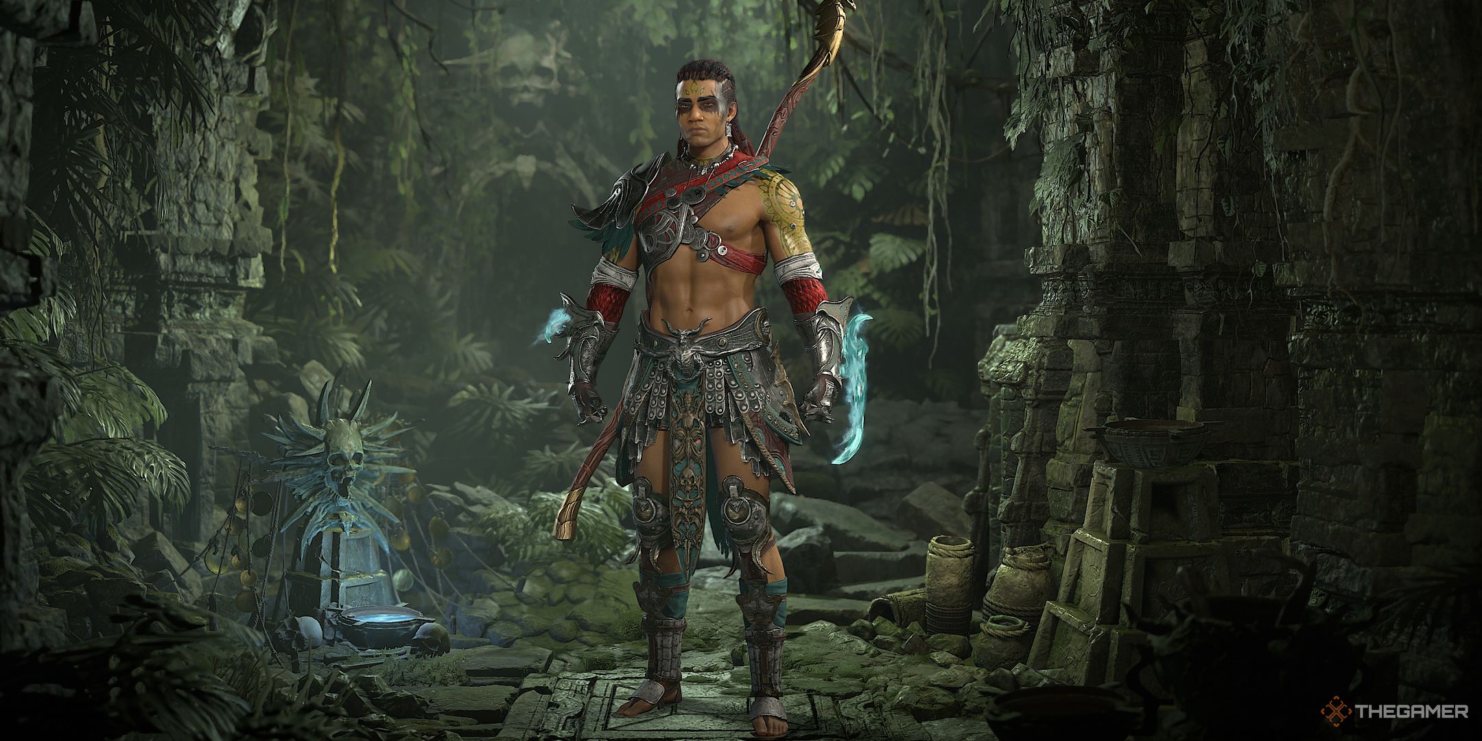 A Spiritborn wearing grey and red armor standing, with ruins and jungle in the background.