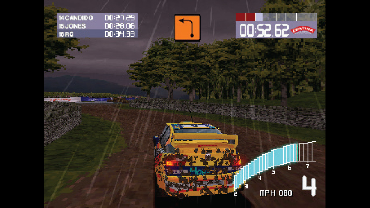 Mud splatter and rain on a dirt road in Colin McRae Rally 2.0 for PS1