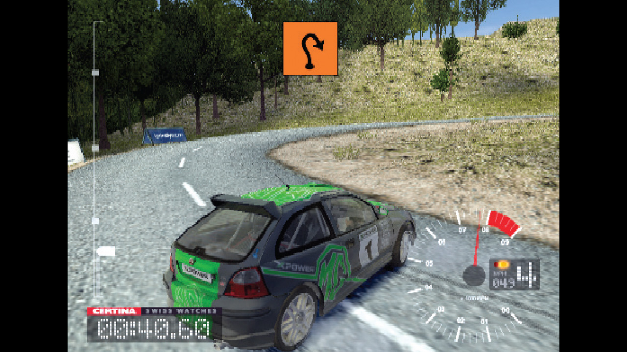 A sharp turn in Colin McRae Rally 3 on PS2 on a bright day