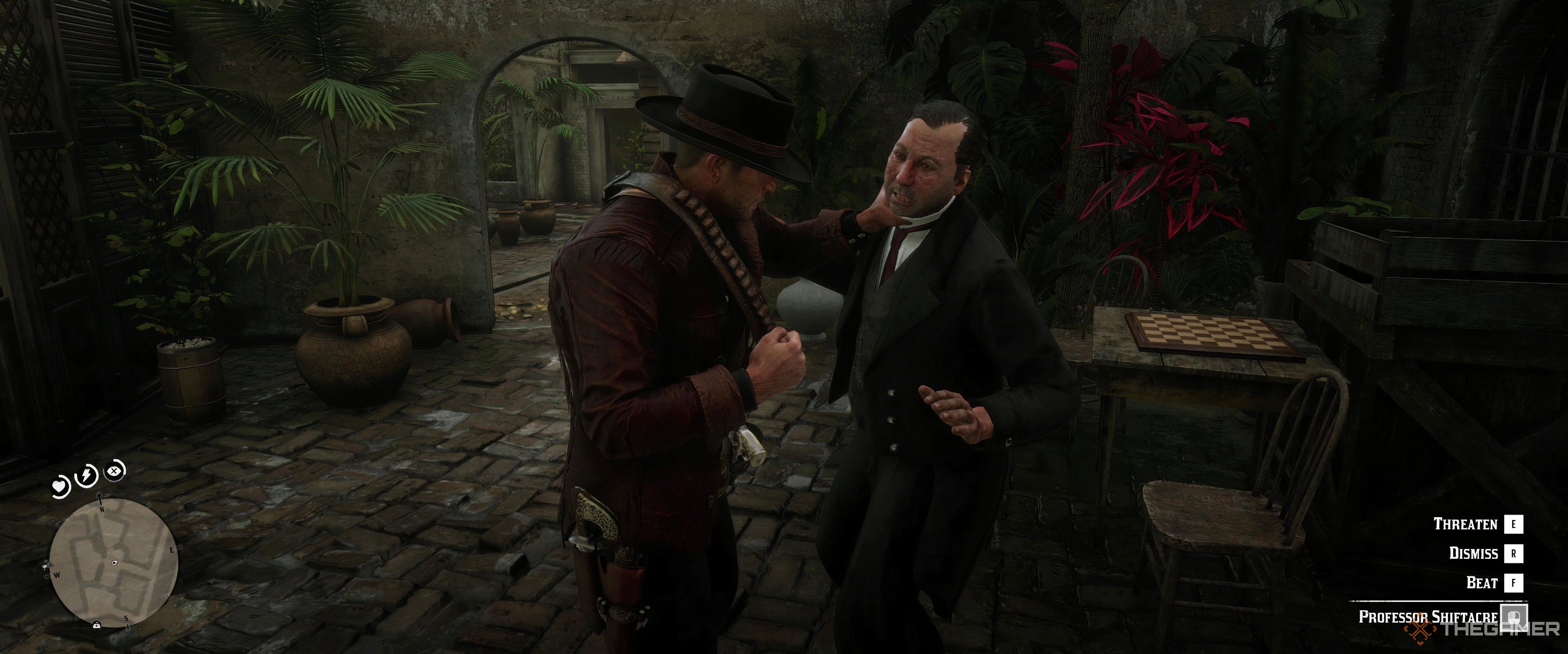 Threateing Professor Shiftacre in Red Dead Redemption 2.