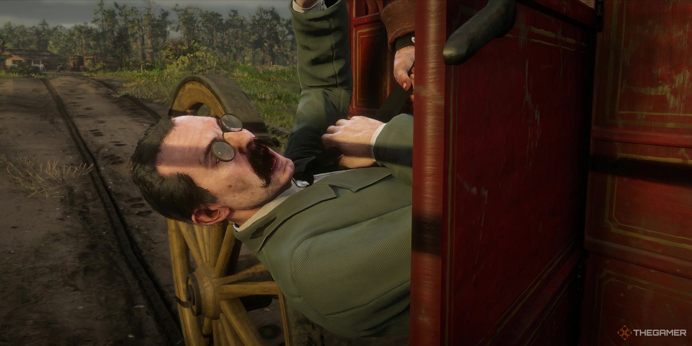 Threatening Hector Fellowes in Red Dead Redemption 2.