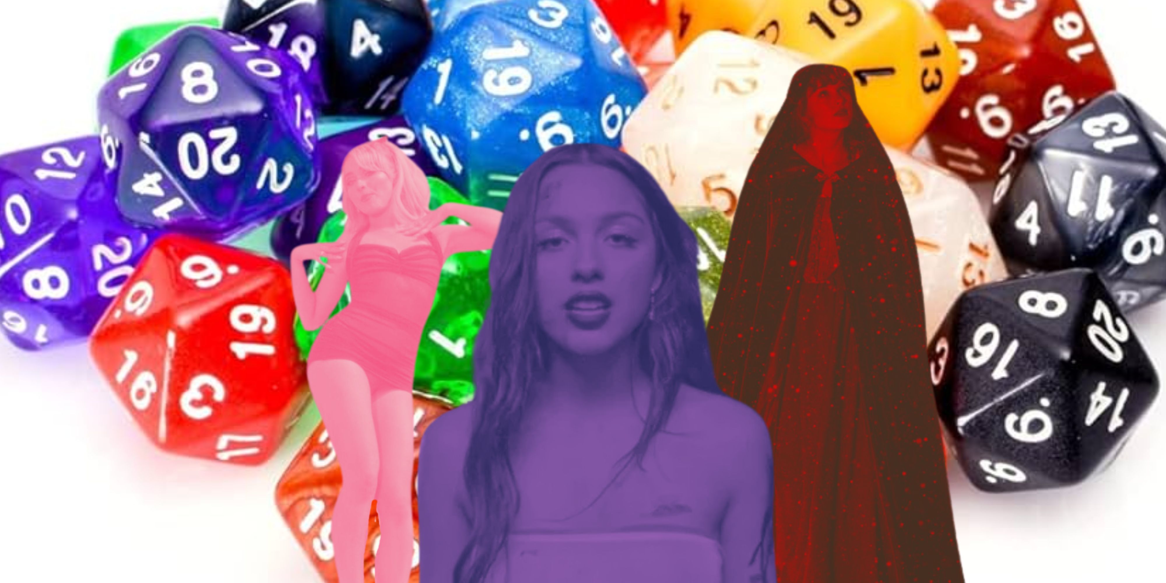 Sabrina Carpenter Olivia Rodrigo Taylor Swift in front of d20s