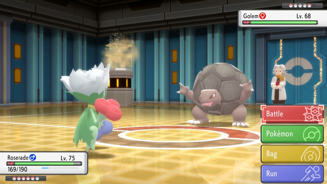 Roserade fights against a Golem in Pokemon Brilliant Diamond & Shining Pearl.