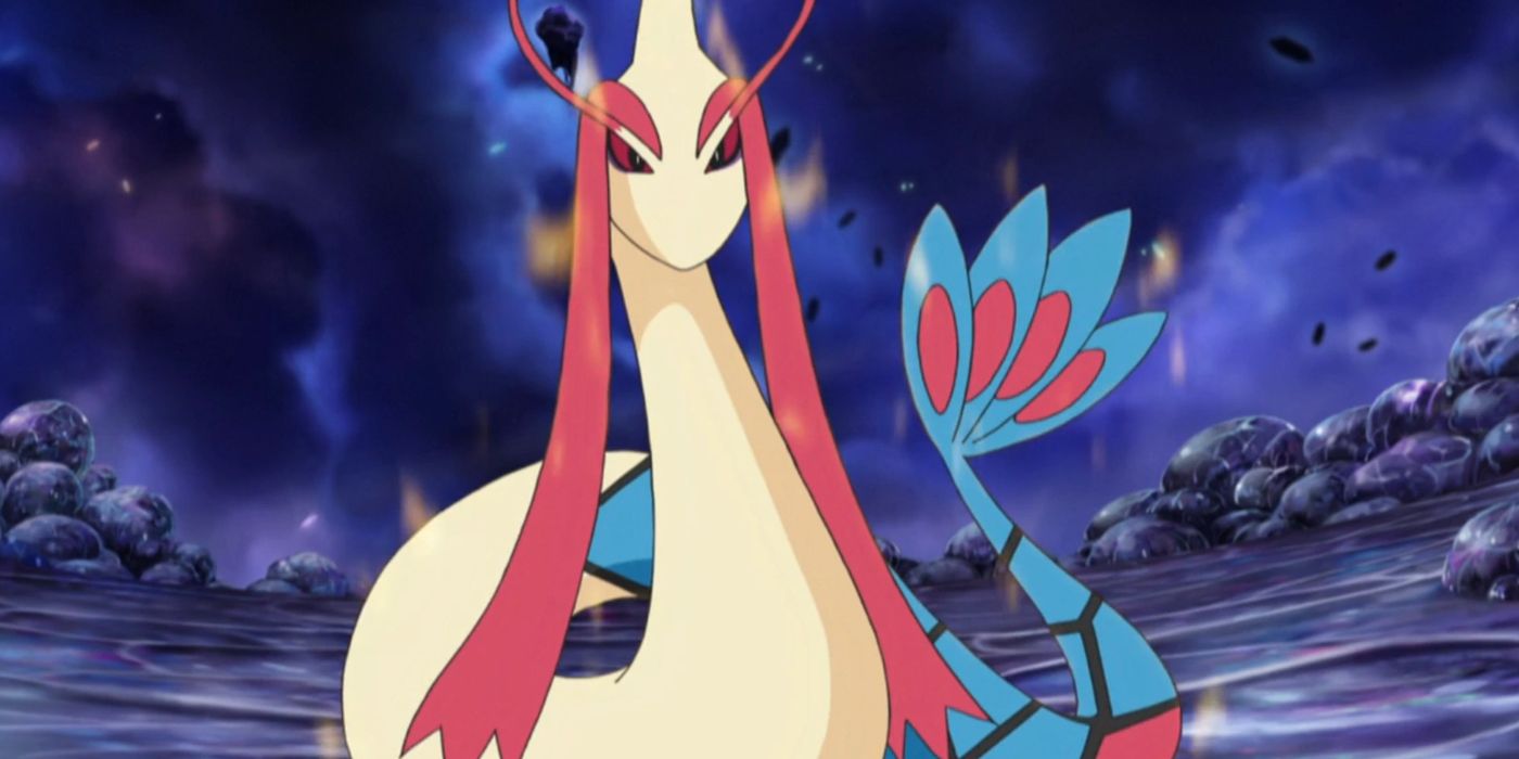 Milotic looking angry in the Pokemon anime.