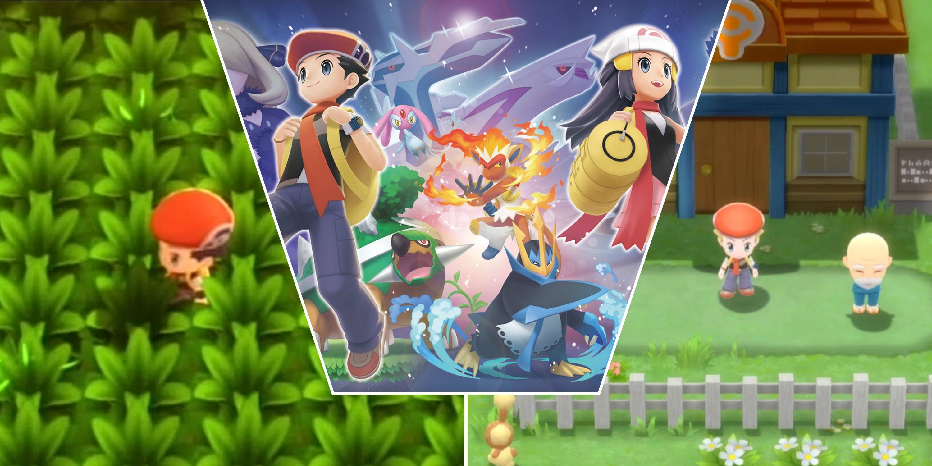 Collage image of player in grass, next to old man and house, and the cover art for Pokemon Brilliant Diamond & Shining Pear