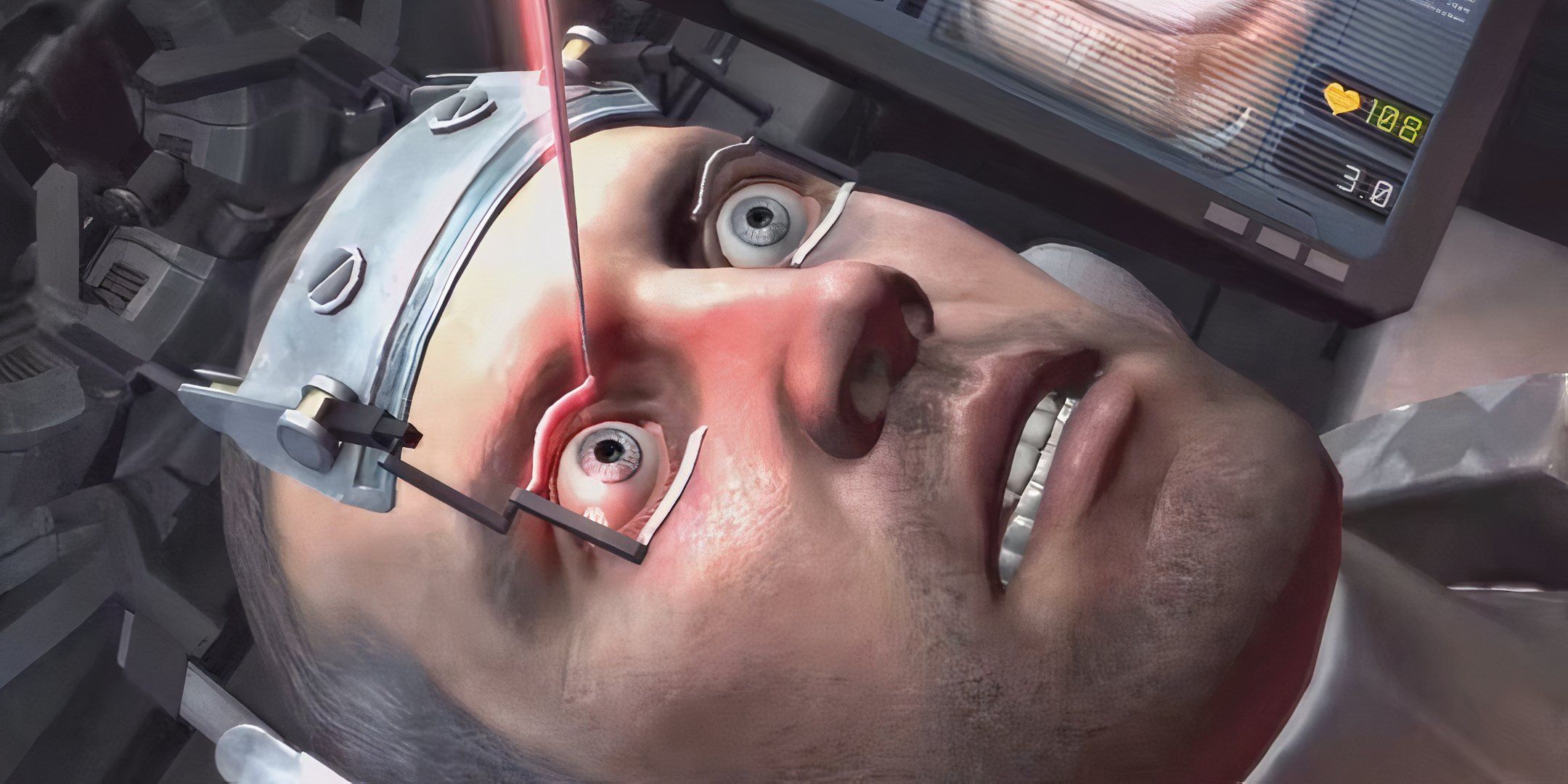 A needle approaches Isaac Clarke's eye in Dead Space 2.