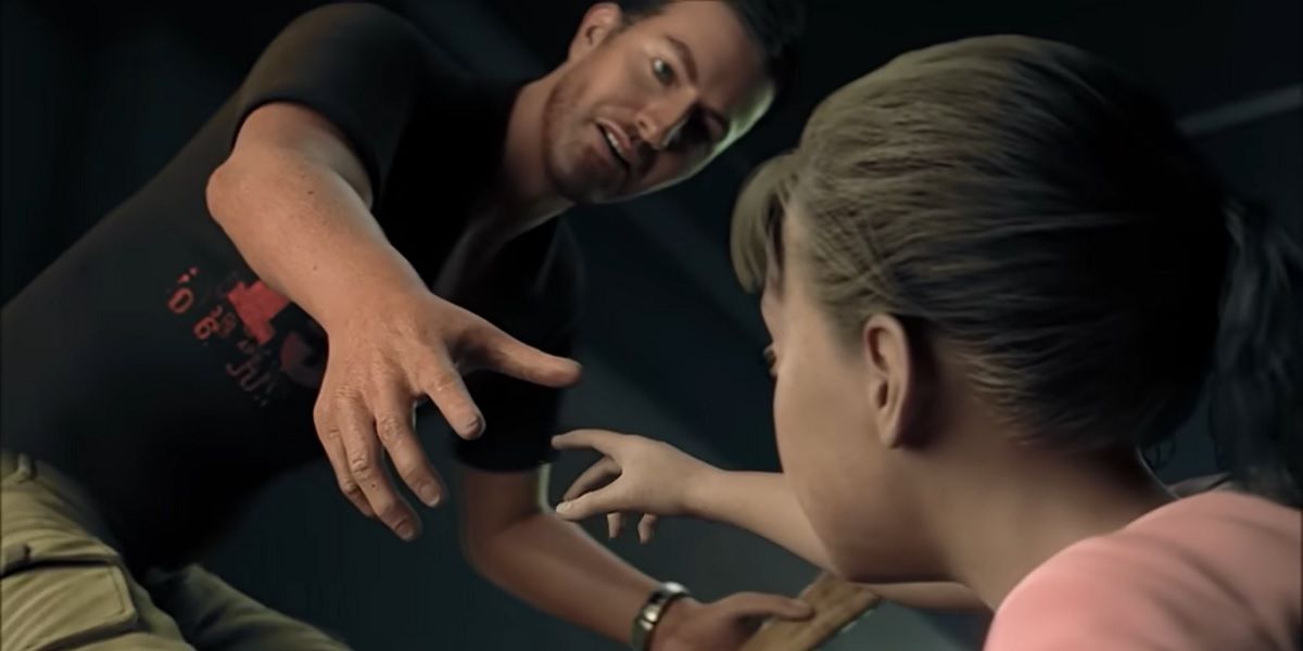 A screenshot from Dead Island's reveal trailer, showing a father reaching out to his daughter.