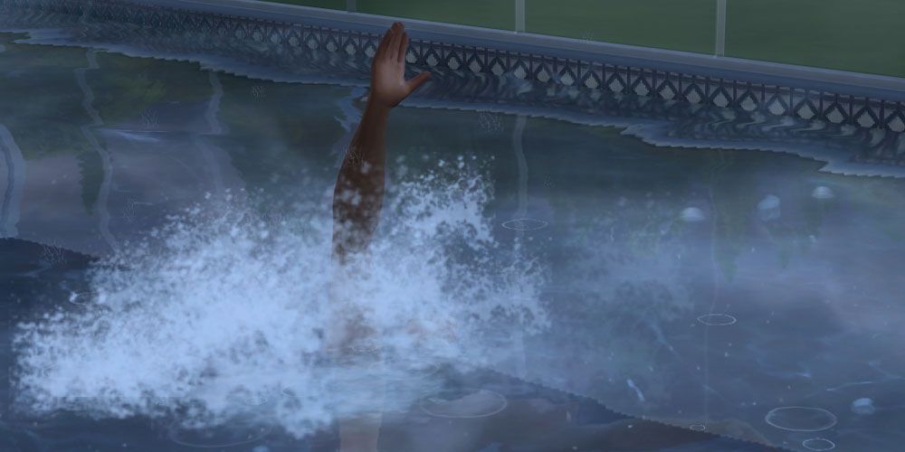 A sim raising their arm out of the water.