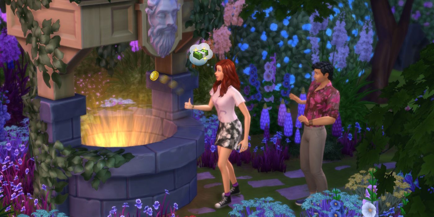 Two sims by the wishing well throwing in a coin.