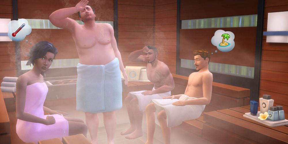 Sims in a sauna looking hot.