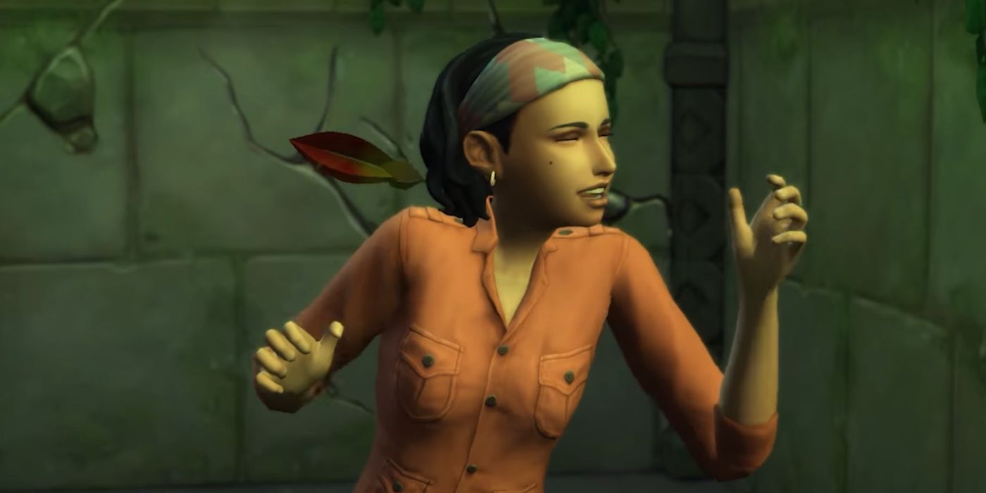 A sim being struck by a poison dart in a temple.