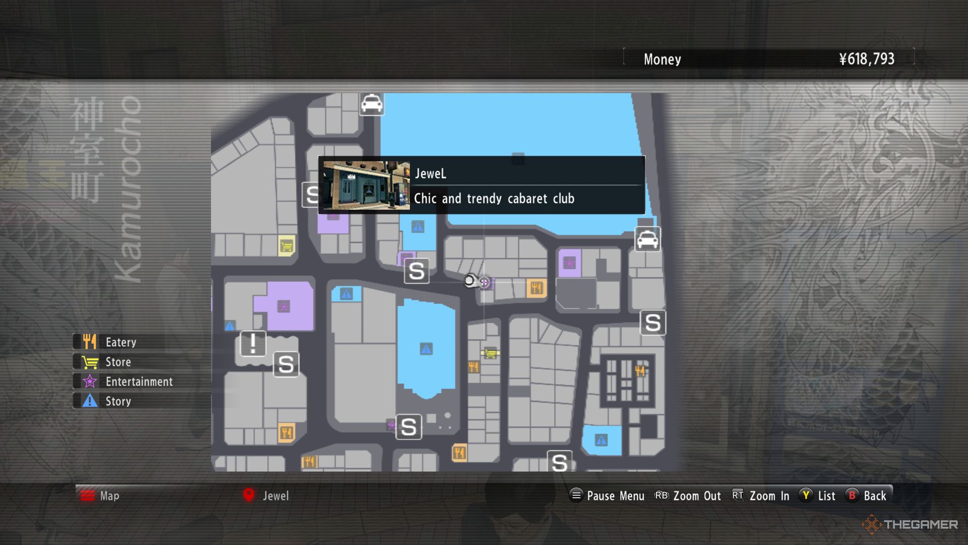 Yakuza Kiwami screenshot of Club Jewel highlighted on the map.