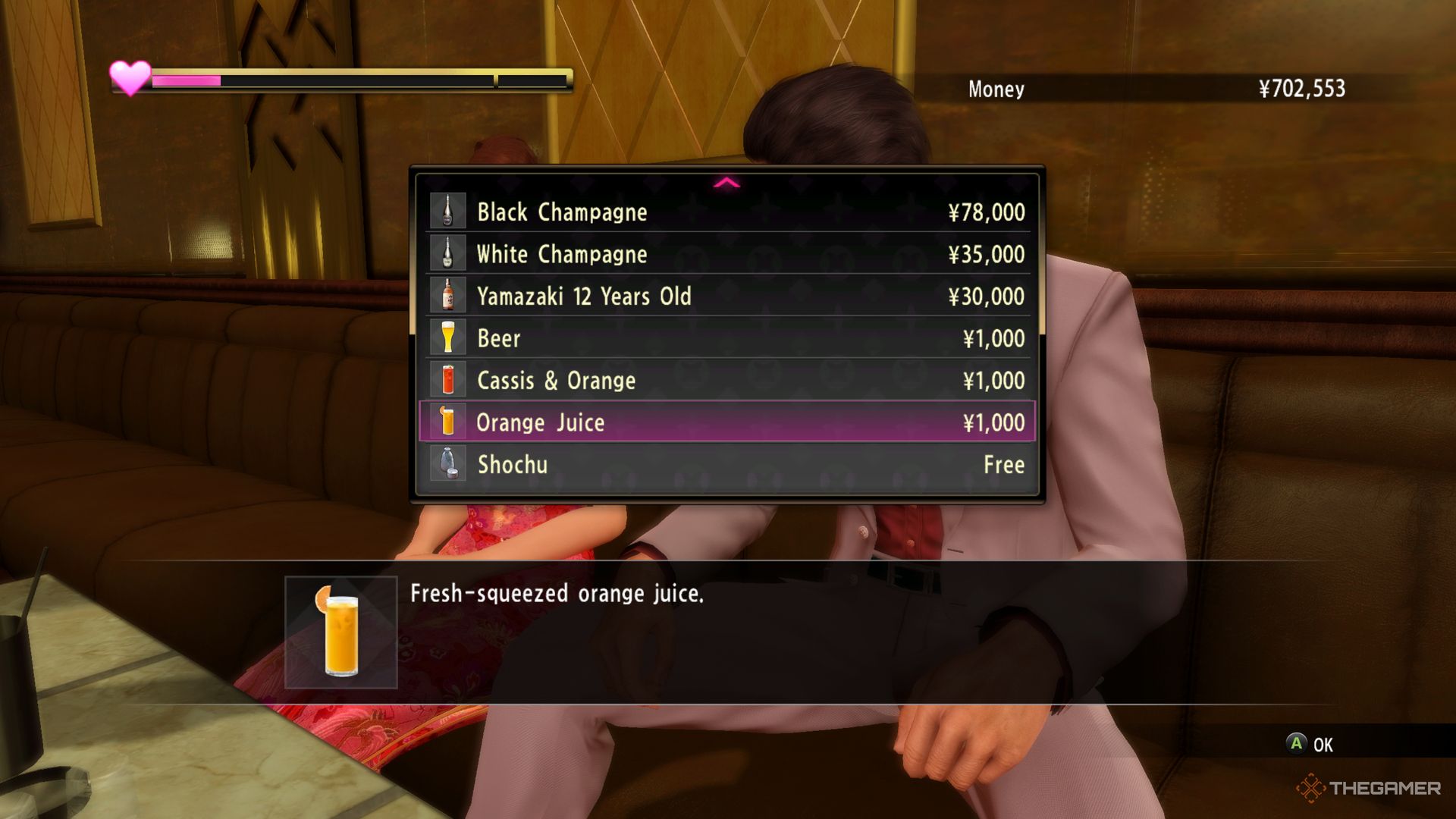 Yakuza Kiwami screenshot of the drinks menu at Club Jewel.