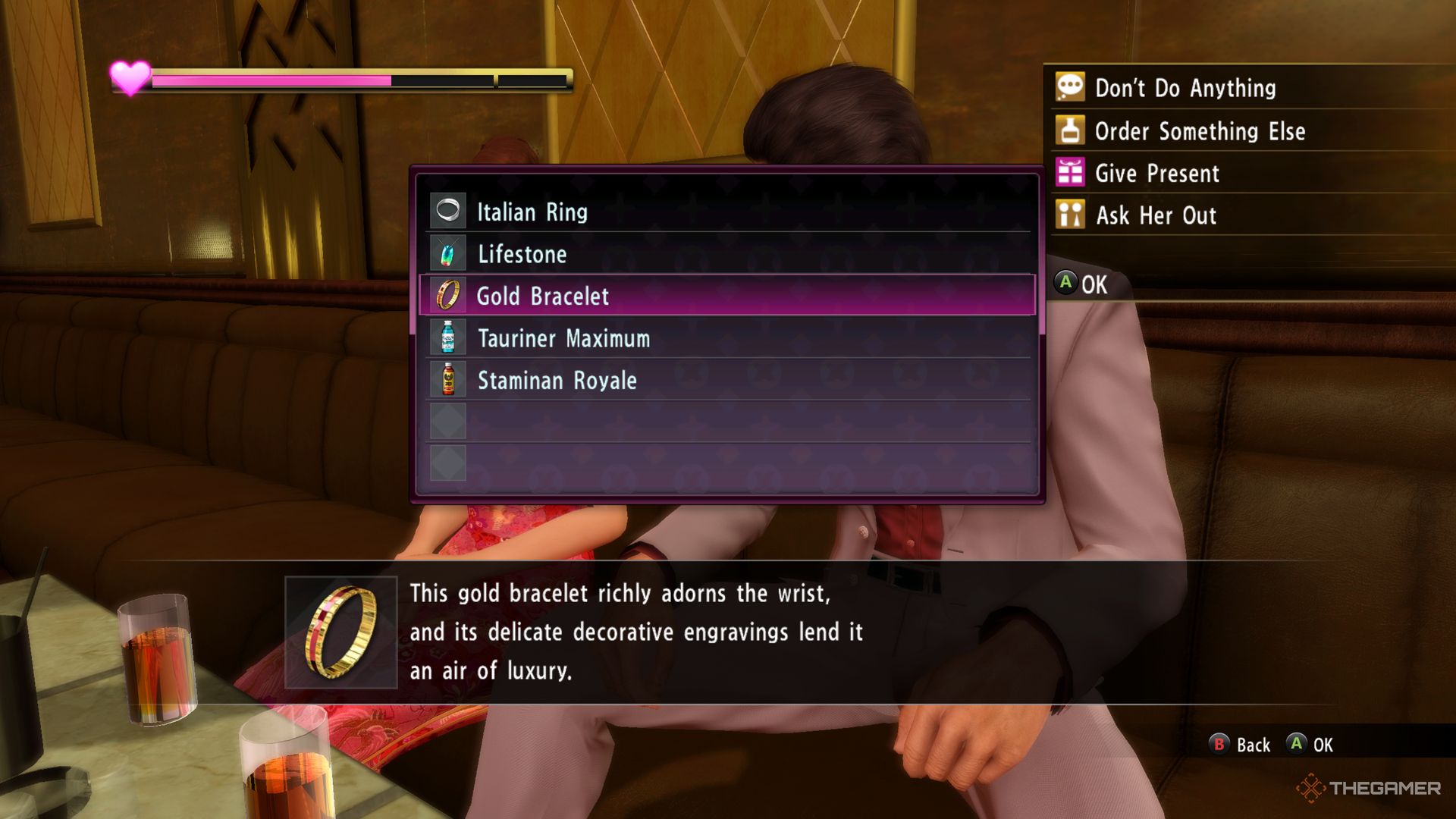 Yakuza Kiwami screenshot of a list of gifts to give Yui.