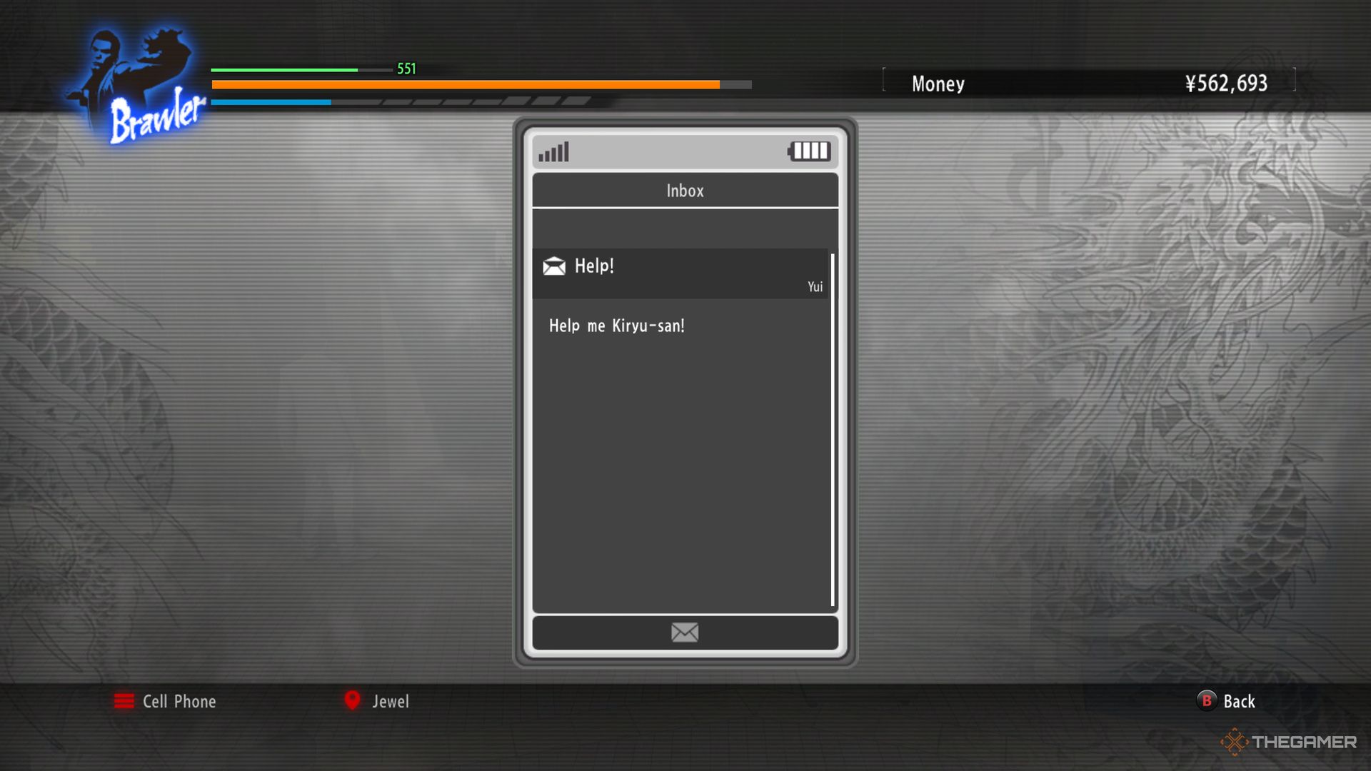 Yakuza Kiwami screenshot of Kiryu's phone with a message from Yui that reads "Help me Kiryu-san."