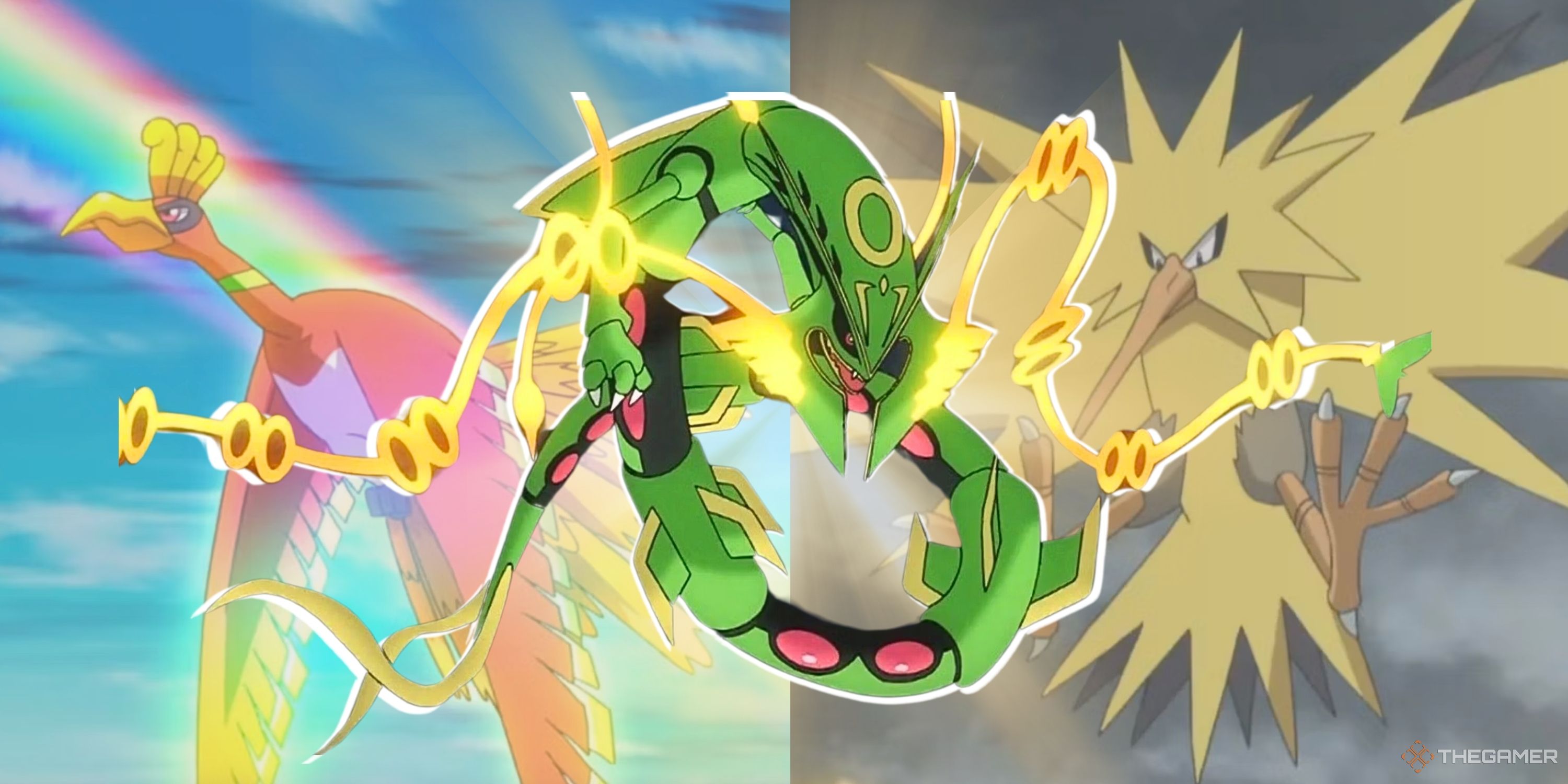 Collage image of flying pokemon Ho-Oh, Zapdos, and Rayquaza in Pokemon.