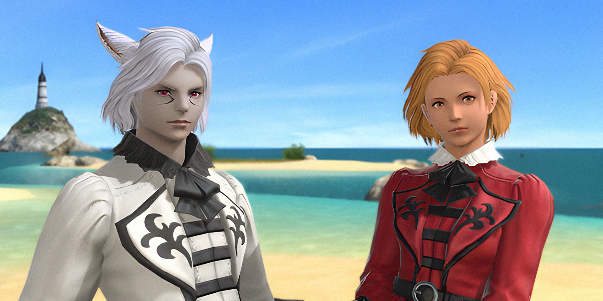 A miqo'te and hyur in Final Fantasy 14 with the Ambitious Ends hairstyle.