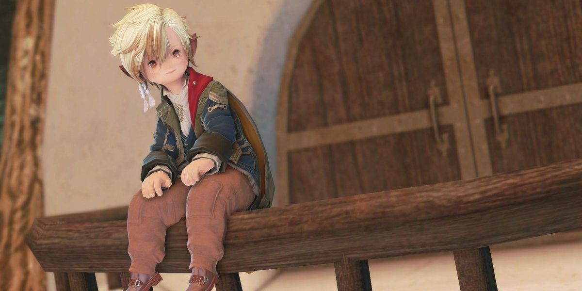 Lalafell man sitting on rail.