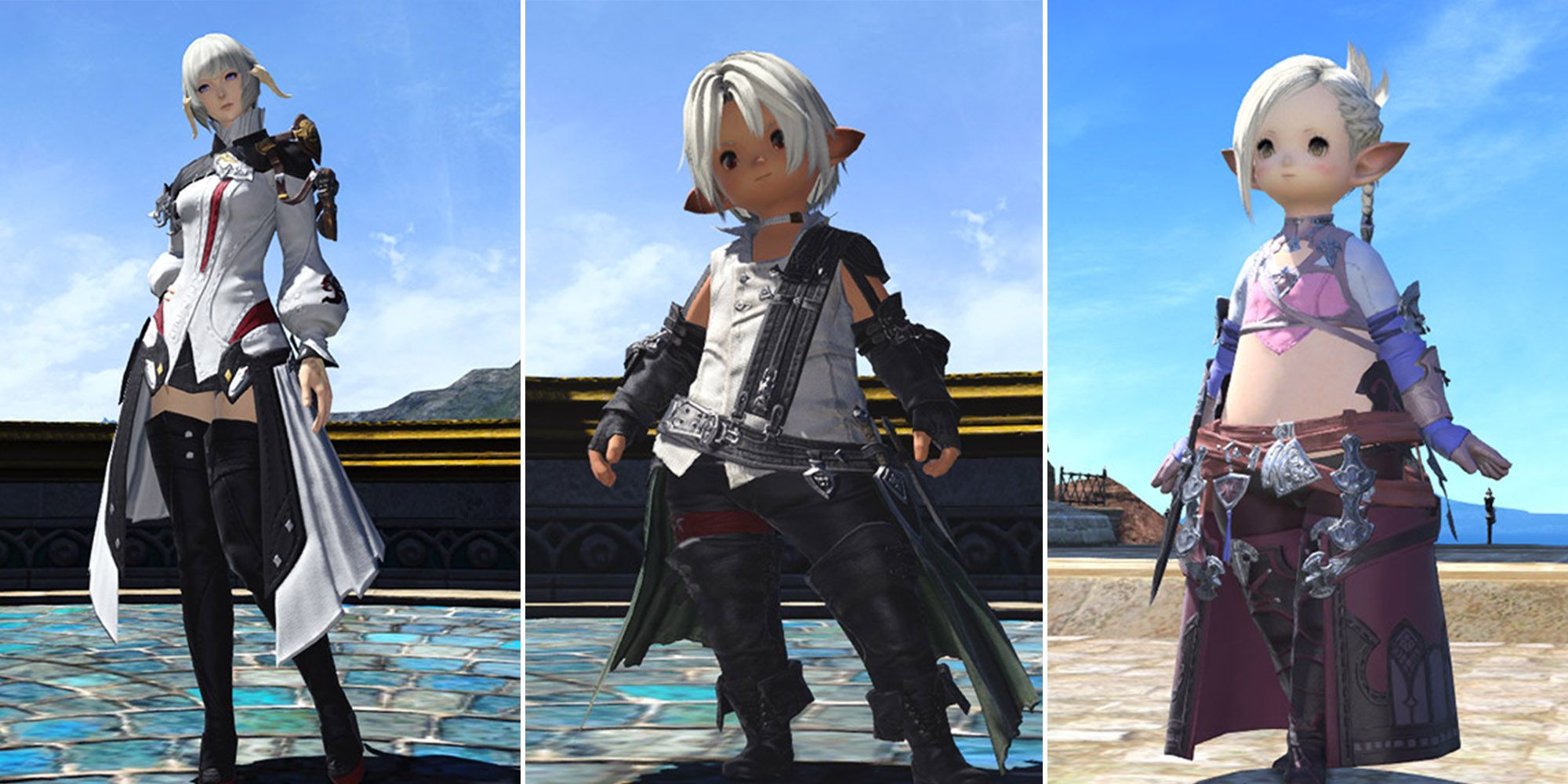 scion special issues 1, 2, and 3, featuring y'shtola, thancred, and minfilia's hairstyles and outfits