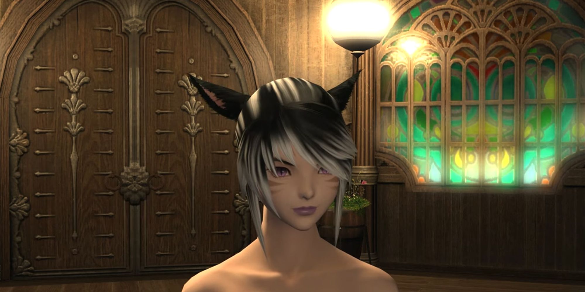 miqo'te in dressing room with black and white practical ponytails hairstyle