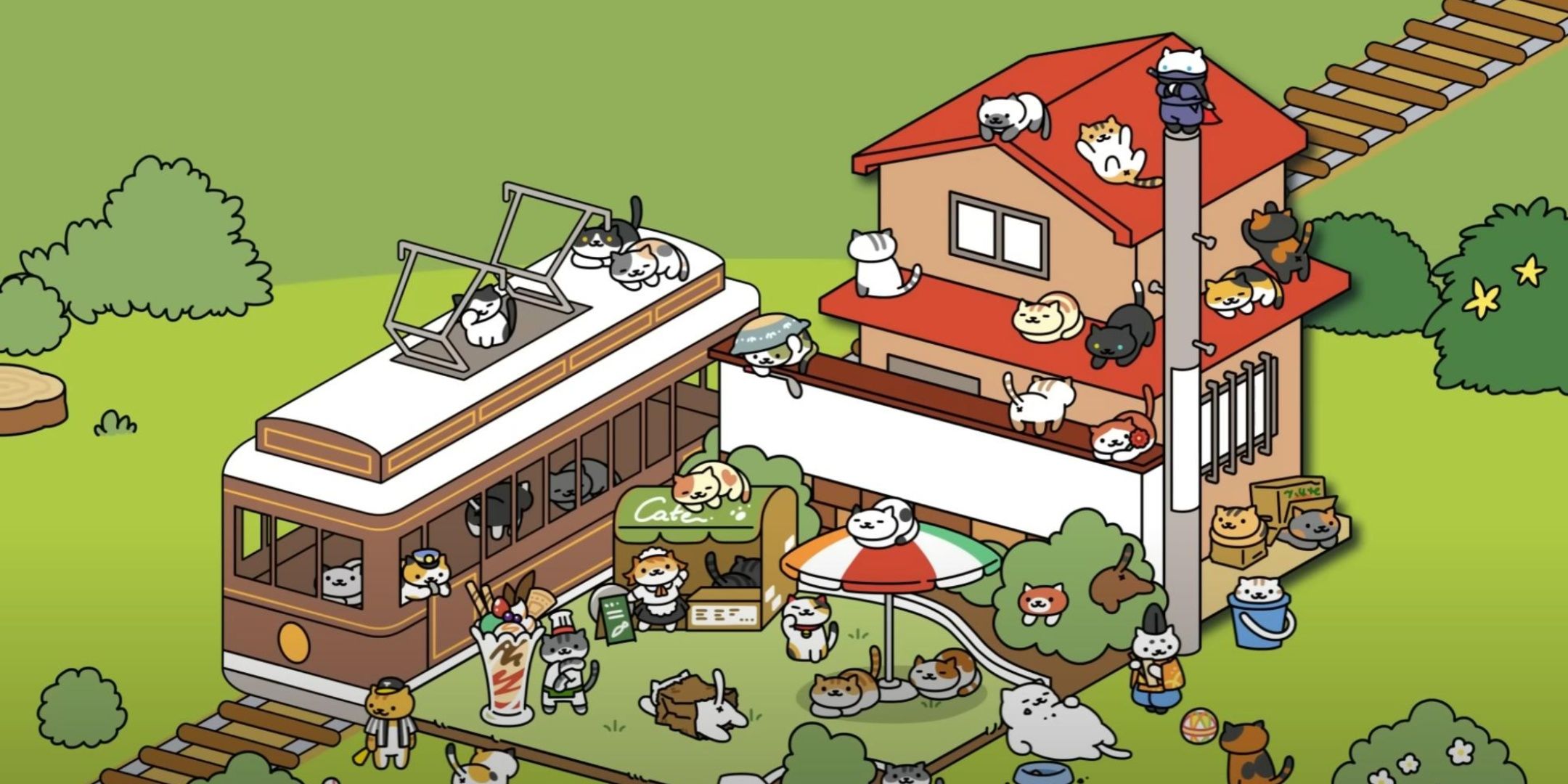 Cats sitting all over the house in Neko Atsume 2.