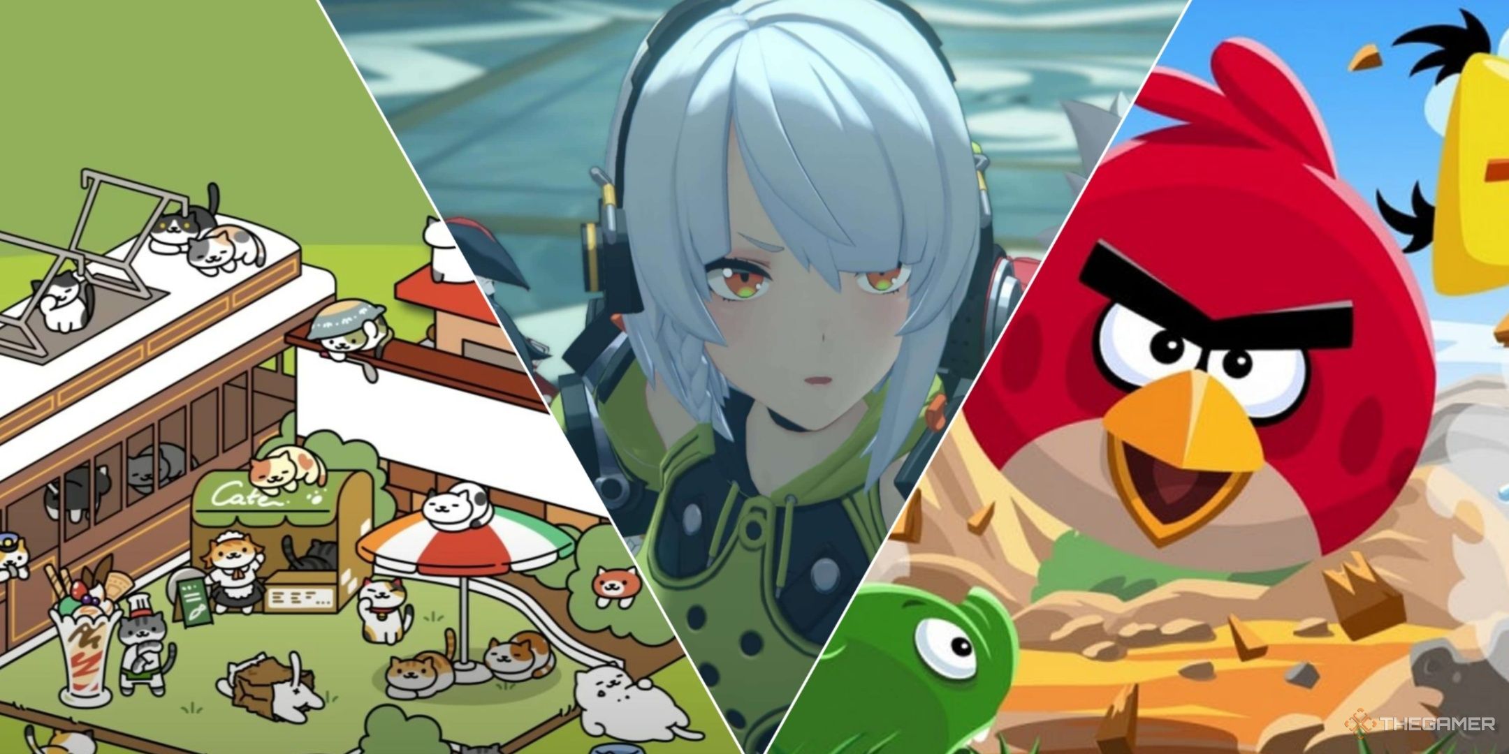 A collage of Mobile games with no ads such as Neko Atsume 2, Zenless Zone Zero and Angry Birds.