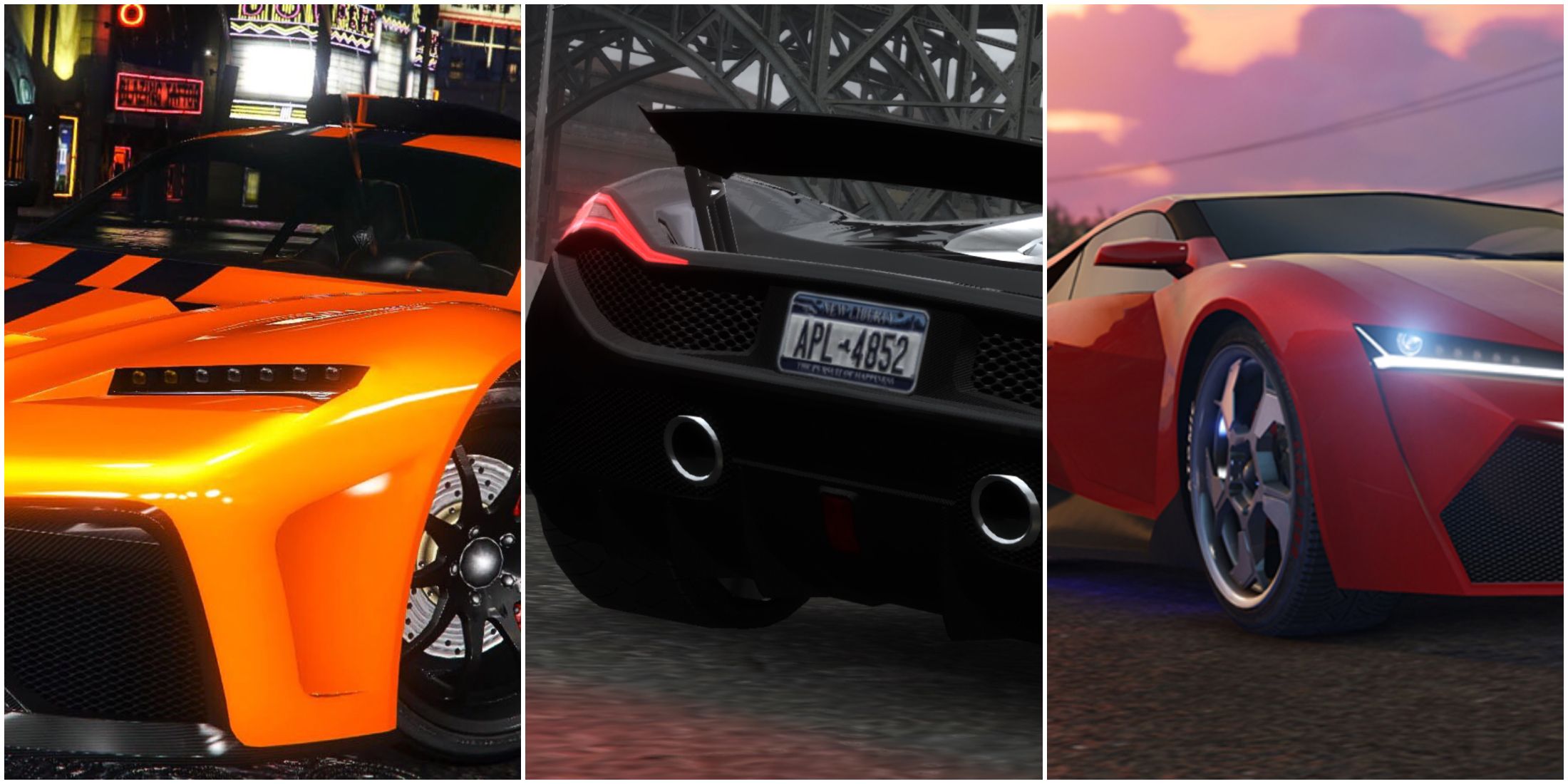 An orange Krieger, a black Ocelot, and a red Pegassi