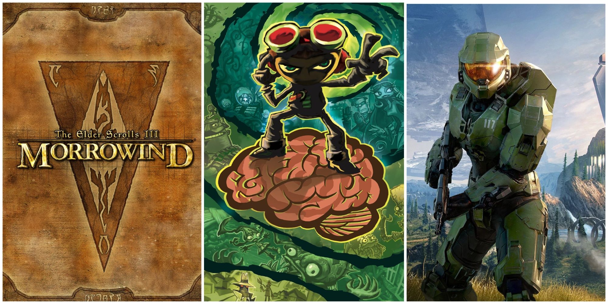 Collage featuring the cover art for Morrowind (left), Ratzputin from Psychonauts (middle), and Master Chief from the Halo franchise (right)